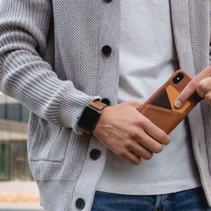 barrel-Iphone-light-brown-leather-case-closeup-with-a-grey-pullover-in-background