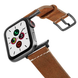 Cordwood-Apple-Watch-brown-heritage-leather-band-on-air-space-grey-adapters
