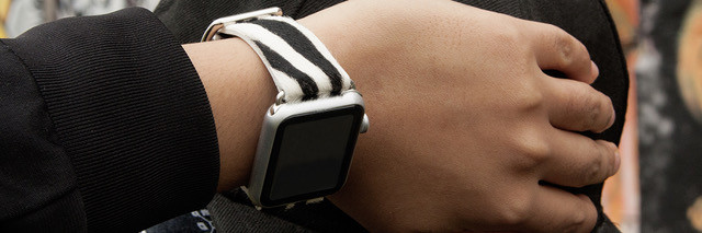 An Apple Watch band made with hair calf leather