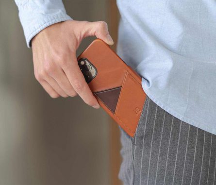 Barrel-iPhone-12-pro-max-light-brown-leather-case-kepping-out-from-own-pocket