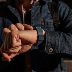 Galaxy-watch-active-Arctic-night-blue-vintage-leatehr-band-with-a-focus-on-monogram
