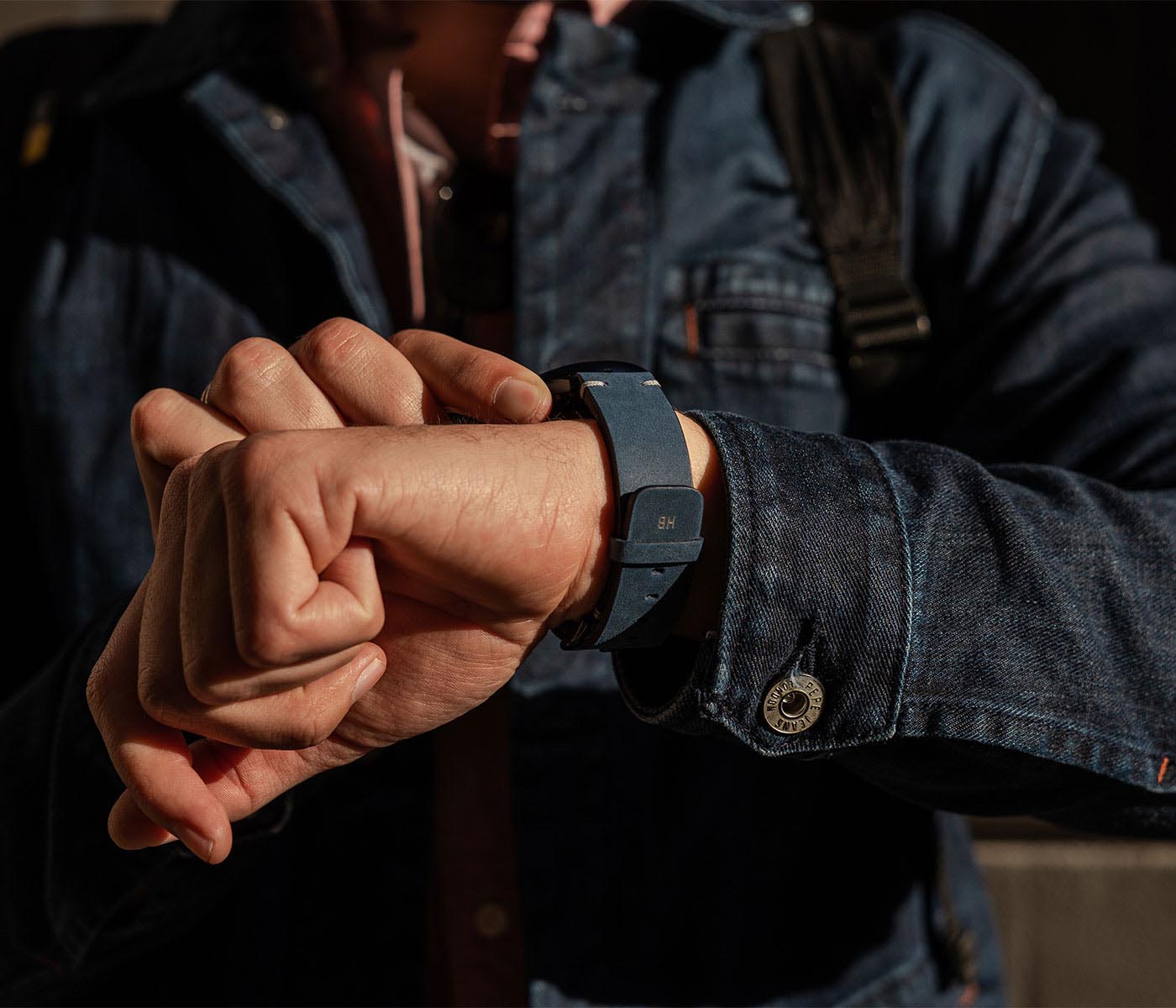 Galaxy-watch-active-Arctic-night-blue-vintage-leatehr-band-with-a-focus-on-monogram