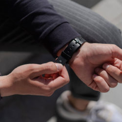Galaxy-watch-active-Cassel-black-full-grain-leatehr-band-with-a-focus-on-a-silver-monogram