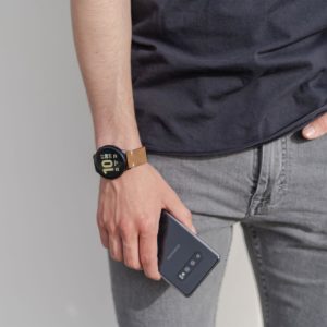 Galaxy-watch-active-SMoked-Walnut-brown-vintage-leatehr-band-for-him-with-sportwear-outfit