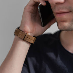 Galaxy-watch-active-SMoked-Walnut-brown-vintage-leatehr-band-with-focus-on-hot-stamp-monogram