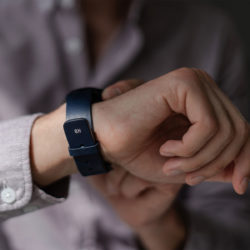 Galaxy-watch-active--blue-full-grain-leatehr-band-with-a-focus-on-a-silver-monogram
