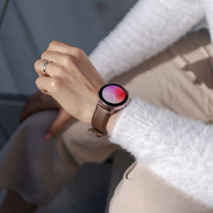 Galaxy-watch-active-brown-leather-band-with-focus-on-top-for-her