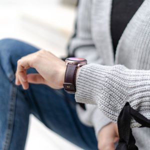 Galaxy-watch-active-burgundy-leather-band-with-focus-on-monogram-side