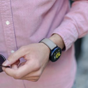 Galaxy-watch-active-grey-leather-band-with-a-pink-shirt-for-him