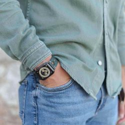 AW green full grain leather band for man with casual outfit