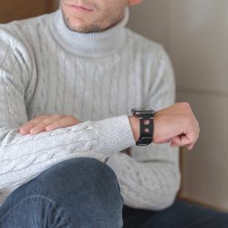 AW black full grain leather band for man wearing a white shirt