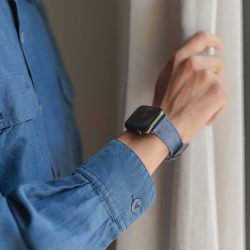 Recycled-Blue-cotton-apple-watch-band-for-him-closeup-casual-mood