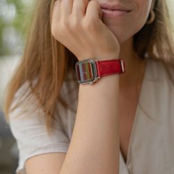Recycled-Red-cotton-apple-watch-band-for-her-closeup