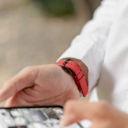 Recycled-Red-cotton-apple-watch-band-for-him-closeup-back